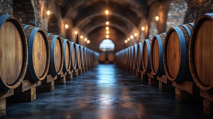 Rows of wooden barrels in a dimly lit cellar, creating a warm atmosphere for aging wine
