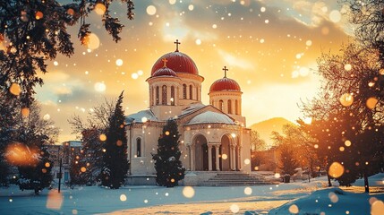 Fototapeta premium A beautiful Greek Orthodox church with two domes and a red roof stands against the background of a winter snowfall, the warm glow of a sunset, blurred trees in the foreground, a bokeh effect,