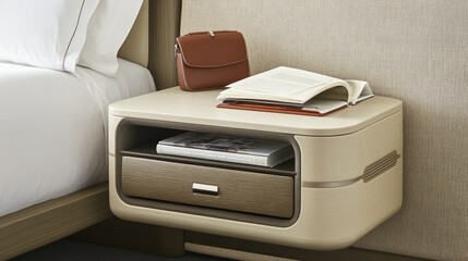 A refined modern bedside table with a neatly folded purse and a reading book.