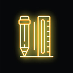 Yellow neon icon of a pencil and ruler is glowing on a black brick wall