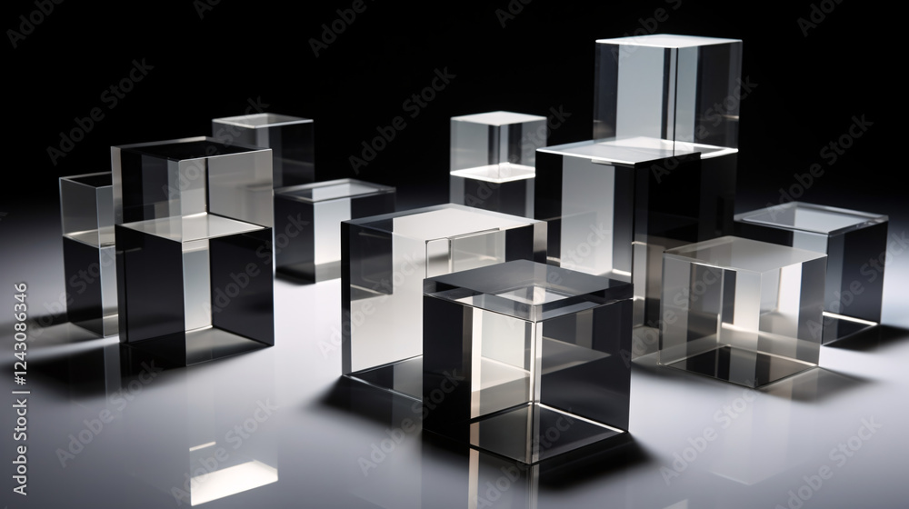 Poster a geometric shape design in black, white, and grey with translucent cubes, perfect for tech displays