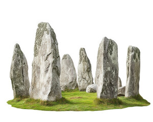 Mysterious stone circle monument surrounded by lush grass, evoking sense of ancient history and isolation. This unique structure stands as testament to past civilizations