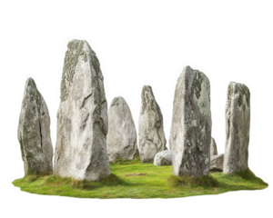 Mysterious stone circle monument surrounded by lush grass, evoking sense of ancient history and isolation. This unique structure stands as testament to past civilizations