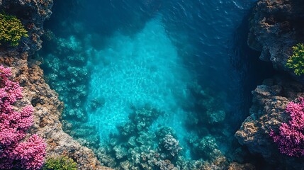 Fototapeta premium A breathtaking aerial view of a coral reef teeming with life, with crystal-clear turquoise water and lush green vegetation along the shoreline.