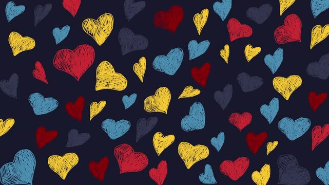 Seamless pattern with charcoal drawn cute hearts. Crayon doodle hearts wallpaper. Love motif pencil drawings. Loop animation.