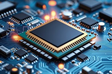 Obraz premium Detailed View of a Semiconductor Chip on a Circuit Board Highlighting Advanced Technology and Innovation