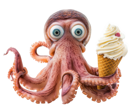 surprised octopus with wide eyes holds giant ice cream cone, showcasing whimsical and playful scene. octopus expression adds fun and humorous touch to image