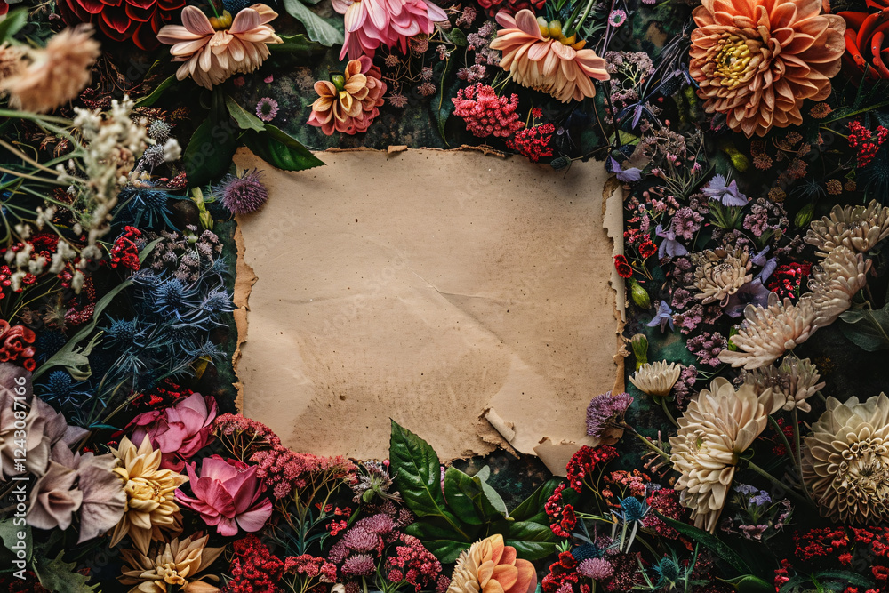 Poster beautiful floral arrangement featuring a blank rustic paper with torn edges and colorful flowers and