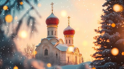 Fototapeta premium A beautiful Orthodox church with two domes and one red roof, snowflakes falling in the background, golden hour lighting, a Christmas tree visible on the right side of the frame,