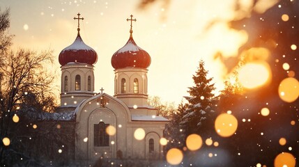 Obraz premium A beautiful Orthodox church with two domes and one red roof, snowflakes falling in the background, golden hour lighting, a Christmas tree visible on the right side of the frame,
