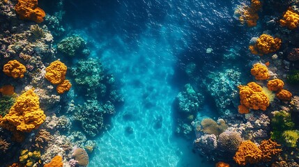 Fototapeta premium A breathtaking aerial view of a coral reef teeming with life, with crystal-clear turquoise water and lush green vegetation along the shoreline.