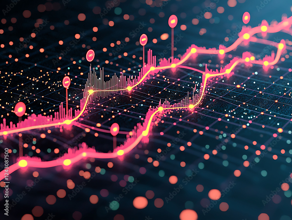 Poster abstract glowing pink data streams flow across a dark grid, visualizing dynamic growth and technolog