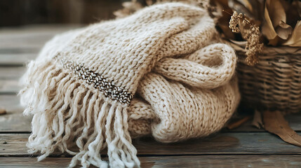 Winter scarf in soft tones displayed on a rustic wooden table