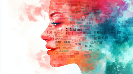 Artistic wallpaper for International Mother Language Day, silhouette of human face with text in different languages forming facial structure, ai generated images.