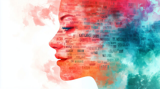 Artistic wallpaper for International Mother Language Day, silhouette of human face with text in different languages forming facial structure, ai generated images.