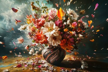 Naklejka premium A vase of flowers is shown in a painting with a lot of color and movement