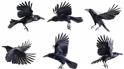 Obraz premium a set of flying birds, a black raven in flight isolated on a white background, a group of bird crows