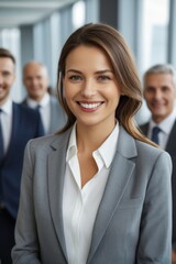 smiling business woman in front of a group of business people
