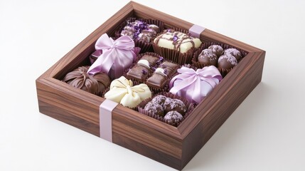 A small, elegant wooden box packed with wrapped gifts, chocolates, and delicate trinkets.