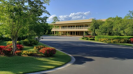 Sunlit Yellow Building with Lush Landscaping and Long Driveway