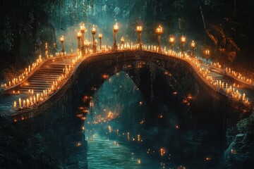 Fototapeta premium A bridge lit up with candles is shown in the dark