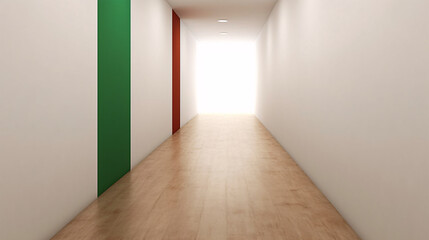 Fototapeta premium A minimalist, disproportionate, liminal hallway with green and white tones, evoking a surreal, dreamlike atmosphere.