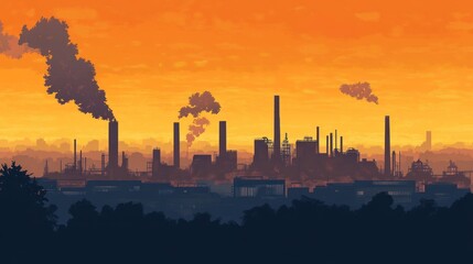 Fototapeta premium A silhouette of an industrial skyline against a vibrant sunset.