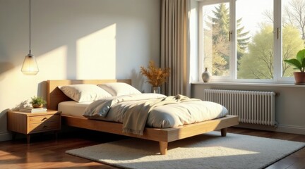 Sunlight streams through a window illuminating a minimalist bedroom with a wooden bed, bedside table, and soft rug