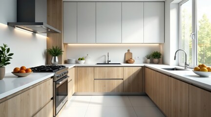 Fototapeta premium Modern minimalist kitchen design with light wood cabinetry and stainless steel appliances, featuring a bright and airy atmosphere, illuminated by natural light streaming through a large window