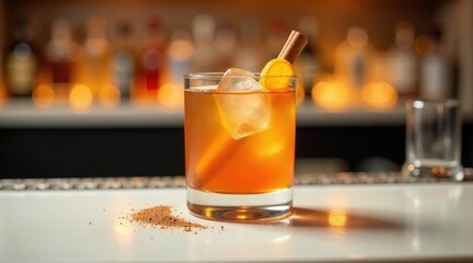 Aromatic Spiced Cocktail with Ice Cube and Citrus Garnish on Bartop