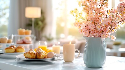 Easter day celebration with pastel tone eggs spring brunch home bright atmosphere warm feelings