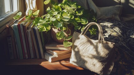 A wooden nightstand displaying a beige handbag, books, and a plant in a cozy setting.