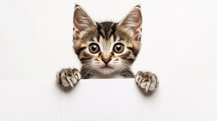 A cute tabby kitten holding a blank white sign with its paws, partially obscuring its face against a white background.