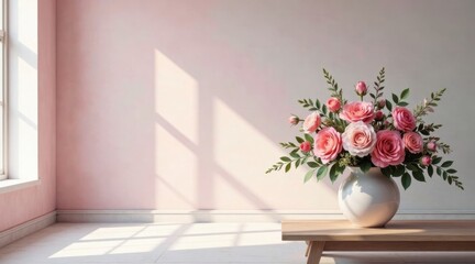 Serene Pink Roses in a White Vase on a Light Wooden Table Against a Soft Pink Wall with Sunlight Streaming Through a Window