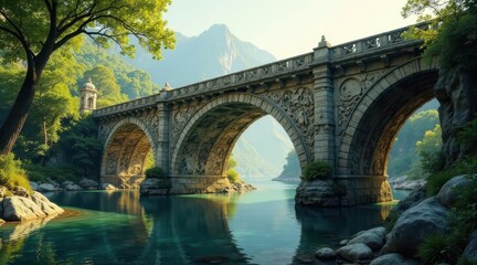 Fototapeta premium Ancient stone arch bridge spanning serene river, nestled within lush green valley, bathed in soft sunlight