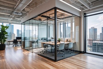 Chic Office Design with Modern Airy Collaborative Workspace Featuring Maple Hardwood and Glass Partitions
