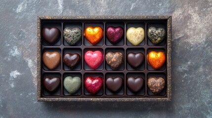 A Delightful Array of Heart-Shaped Chocolates, Exquisitely Arranged in a Luxurious Dark Box, Resting on a Sumptuous Gray Marble Surface, Evoking a Sense of Elegance and Indulgence