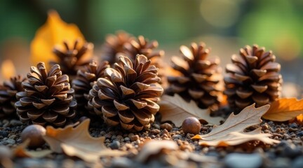 Autumnal Cones Resting on a Bed of Fallen Leaves and Small Stones