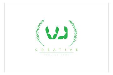 VJ letters eco logo with leaf. Fresh nature and healthy leaf logo design.