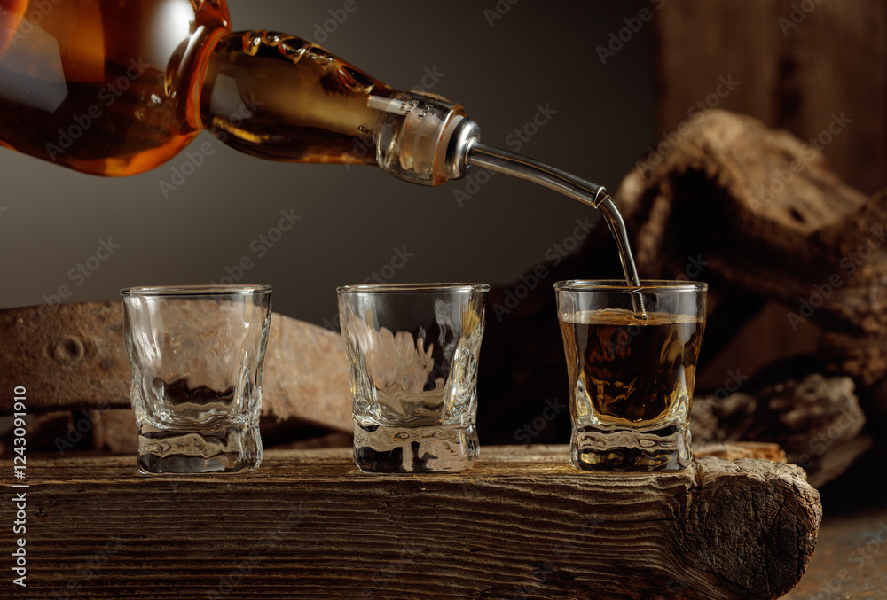 Canvas Prints Whiskey is poured from a bottle into a shots.