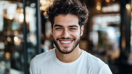 Mediterranean man with beard smiling in urban setting. Ideal for modern lifestyle, personal branding, and authentic representation content.