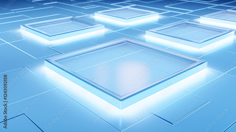 Poster isometric flooring with minimalist blue and frosted white glow, perfect for technology presentation 