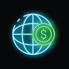 Neon glowing icon of a dollar coin partially overlaying a globe, representing global finance and international business