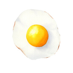Fried egg with a vibrant yolk, painted in soft watercolor strokes. A cozy breakfast illustration for recipe books, healthy food blogs, and kitchen wall art