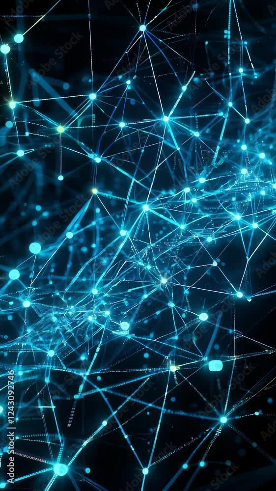 Poster vertical video captures an intricate web of glowing blue lines and dots, symbolizing data flow and c