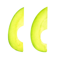 Sliced avocado pieces with a smooth texture and rich green color, rendered in watercolor. Great for organic menus, diet guides, eco-friendly branding, and wellness-focused culinary projects.