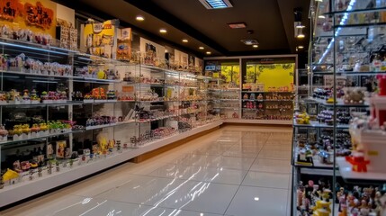 Brightly Lit Retail Shop Interior With Glass Display Cases And Collectibles