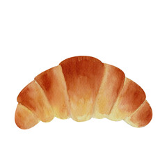 Classic French croissant with crispy layers and a buttery aroma, painted in watercolor. Suitable for patisserie promotions, breakfast illustrations, organic bakery visuals, and recipe books