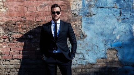 Man in black suit against urban wall art. Ideal for executive portraits, modern leadership, and urban professional lifestyle.