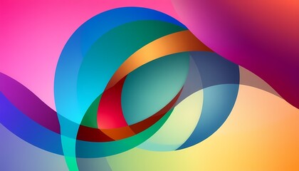 Abstract geometric composition featuring vibrant colors such as green, blue, red, and purple. Curved and angular shapes intertwine, creating a dynamic and harmonious visual flow against a gradient bac